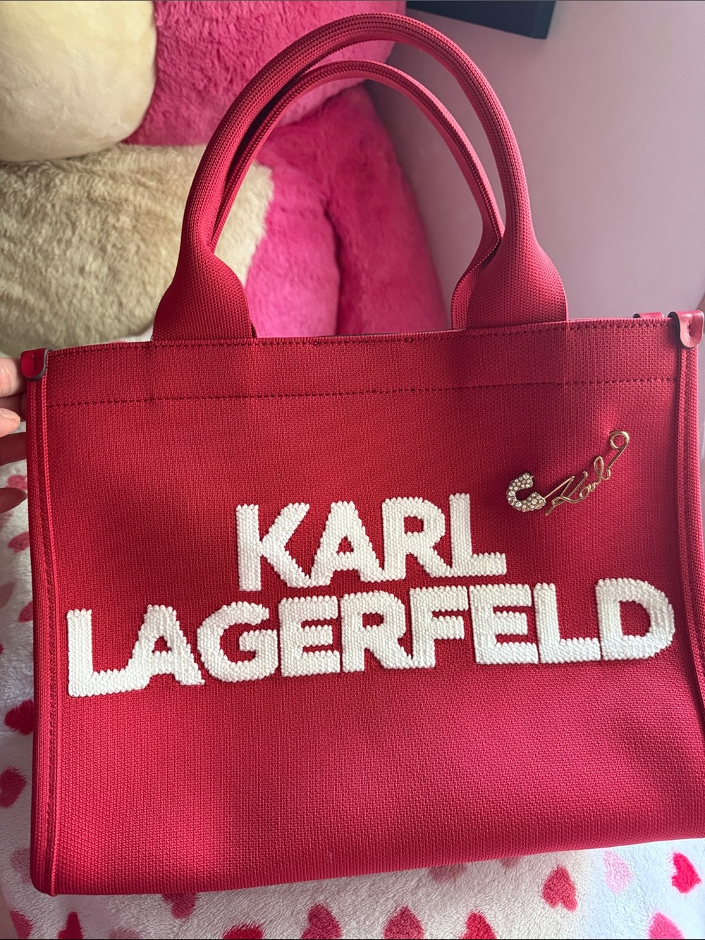 Karl Lagerfeld Red Tote with White Logo and Gold Pin